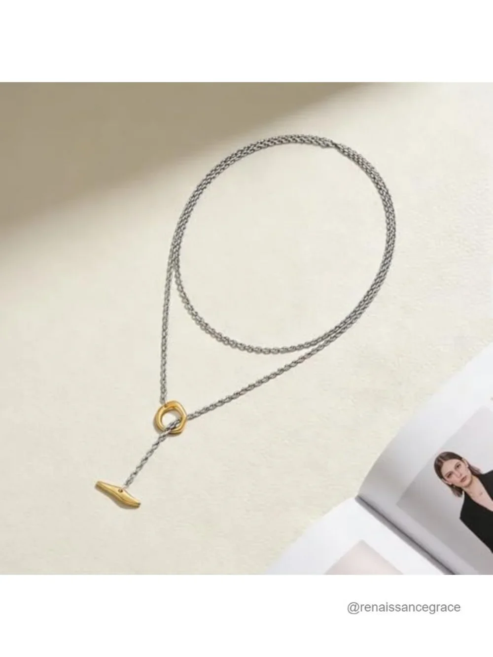 Two Tone Lariat Y Necklace Women Silver Gold Adjustable Layered Chain Dainty